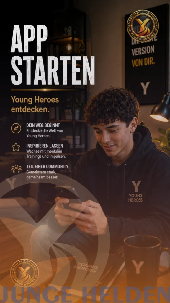 Mentaltraining App registrierung fuer Jugendliche und Erwachsene in der Junge Helden App zur Staerkung von Resilienz, Selbstbewusstsein, mentaler Fitness, Fokus und persoenlicher Entwicklung